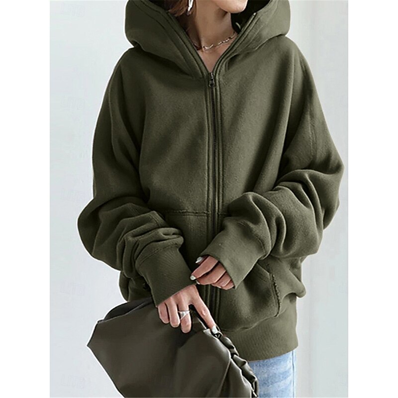 Women's Hoodie Jacket Outdoor Street Daily Wear Fall Winter Regular Coat Regular Fit Thermal Warm Breathable Stylish Casual Jacket Long Sleeve Plain with Pockets Full Zip Black Red Green4