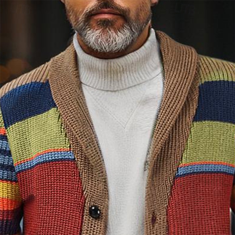 Men's Cardigan Sweater Chunky Knit Button Up Striped Shawl Lapel Knitwear Elegant Carnival Formal Clothing Apparel Drop Shoulder Fall Winter Red M L XL2