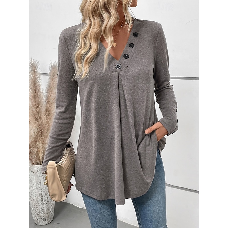 Women's Tunic Long Sleeve V Neck Buttons Gray Spring Fall Winter3