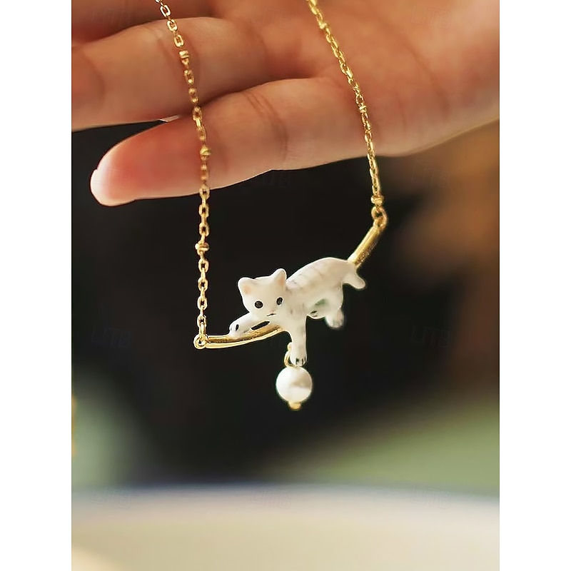 Elegant Cat Pendant Necklace with Pearl Charm – Playful Animal Jewelry for Women, Delicate Chain4