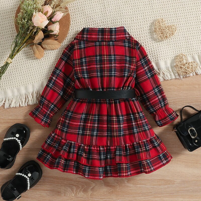 Kids Girls' Dress Plaid Long Sleeve Performance Party Patchwork Adorable Daily Polyester Midi Casual Dress Spring Fall 4 years+ Red3