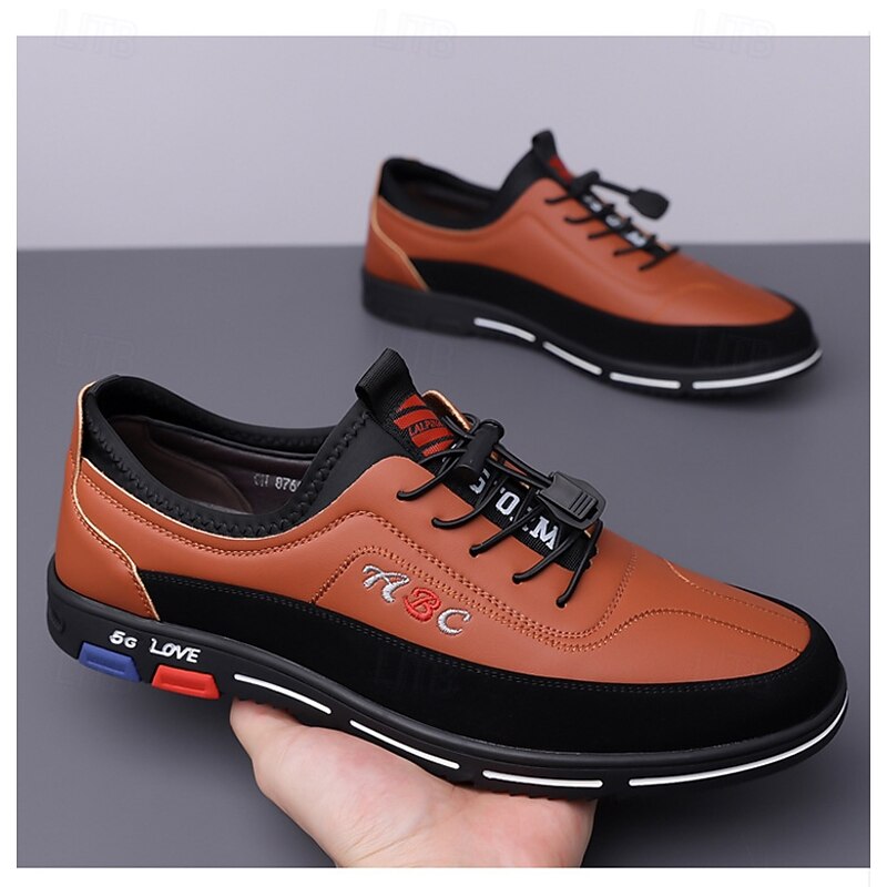 Men's Fashion Casual Sports Shoes – Brown and Black Lightweight Sneakers with Embroidered Design and Elastic Lace-Up Closure3