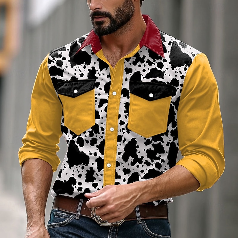 Men's Leopard Print Leopard Spots Button Up Shirt Long Sleeve Casual Daily Winter Spring &  Fall Stand Collar Yellow