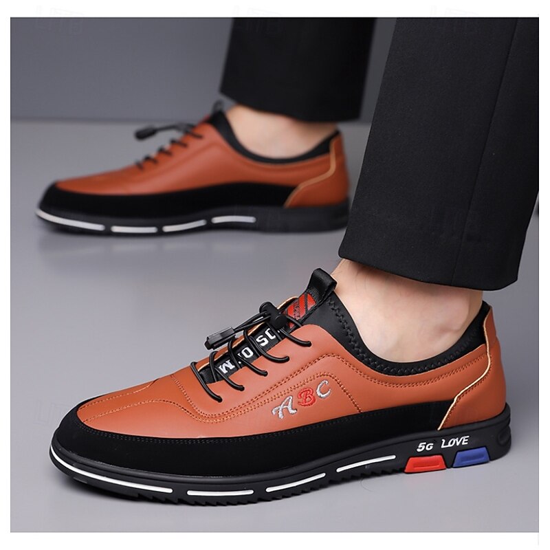 Men's Fashion Casual Sports Shoes – Brown and Black Lightweight Sneakers with Embroidered Design and Elastic Lace-Up Closure2