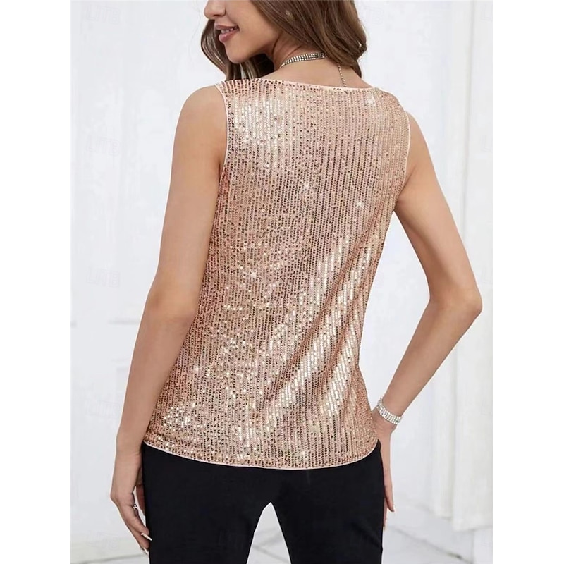 Women's Sequin Sparkly Party Glitter Solid Color Sexy Casual Sleeveless Crew Neck Regular Tops Daily Sequins Black Green Khaki Summer2