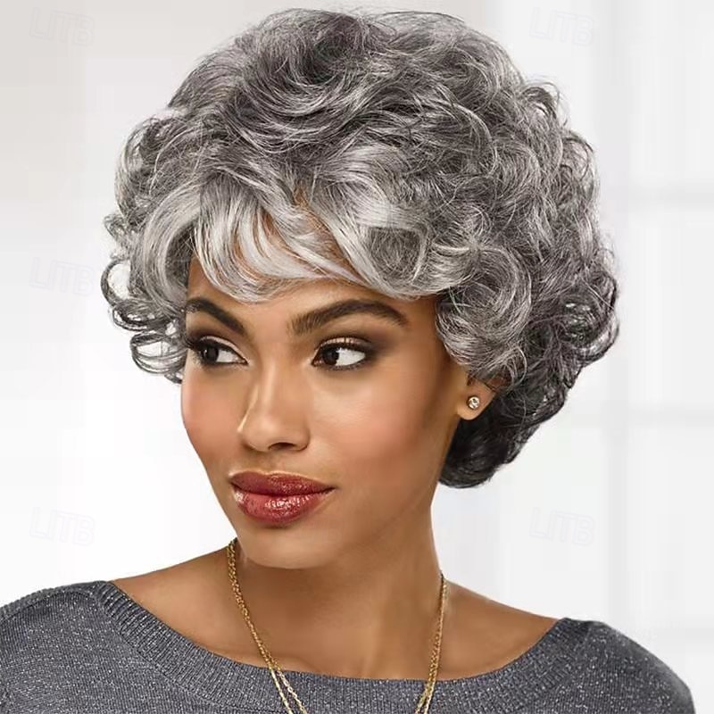 Synthetic Wig Curly Asymmetrical Wig Short Black Grey Synthetic Hair Women's Fashionable Design Soft Natural Black Gray