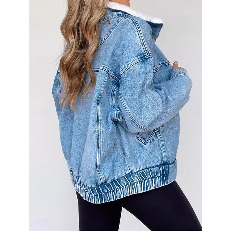 Women's Denim Jacket Outdoor Street Daily Wear Fall Winter Regular Coat Regular Fit Thermal Warm Breathable Stylish Casual Jacket Long Sleeve Solid Color with Pockets Fur Collar Blue2