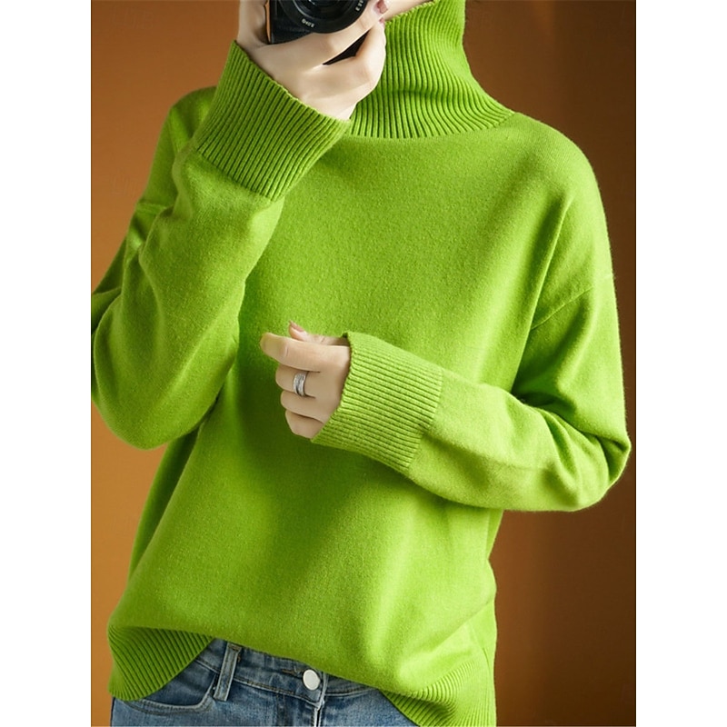 Women's Sweater Pullover Sweater Jumper Casual Soft Pure Color Ribbed Turtleneck Knitted Long Sleeve Regular Tops Knit Outdoor Daily Weekend Navy Blue Orange Fall Winter
