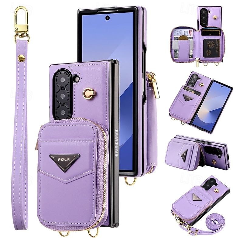 Phone Case For Z Fold 6 Back Cover Zipper with Lanyard with Wrist Strap Retro TPU PU Leather2