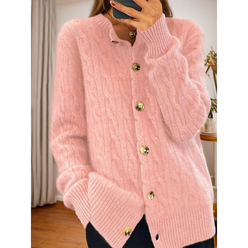 Women's Valentine Pink Sweater Cardigan Sweater Jacket Crew Neck Cable Knit Button Knitted Spring Fall Daily Vintage Daily Soft Long Sleeve Pure Color White Pink