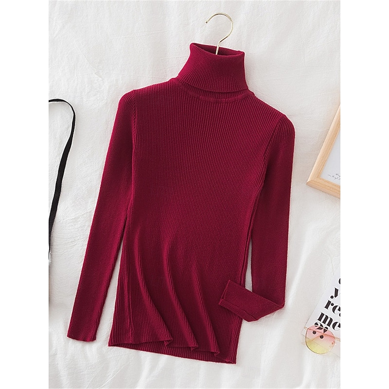 Women's Sweater Pullover Sweater Jumper Casual Soft Pure Color Ribbed Turtleneck Knitted Long Sleeve Regular Tops Knit Outdoor Daily Weekend White Wine Fall Winter