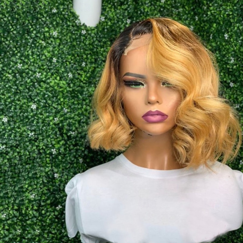 Remy Human Hair 13x4 Lace Front Wig Short Bob Brazilian Hair Wavy Multi-color Wig 130% 150% Density with Baby Hair Ombre Hair Glueless For Women Long Human Hair Lace Wig3