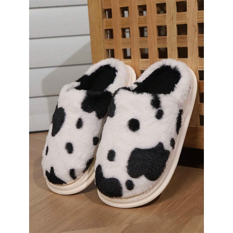 Cow Print Plush Slippers for Women - Fuzzy Faux Fur Indoor House Shoes with Soft Memory Foam for Cozy Comfort