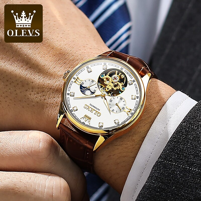 OLEVS Men Mechanical Watch Fashion Casual Wristwatch Automatic Self-winding Moon phase Luminous Waterproof Leather Watch4