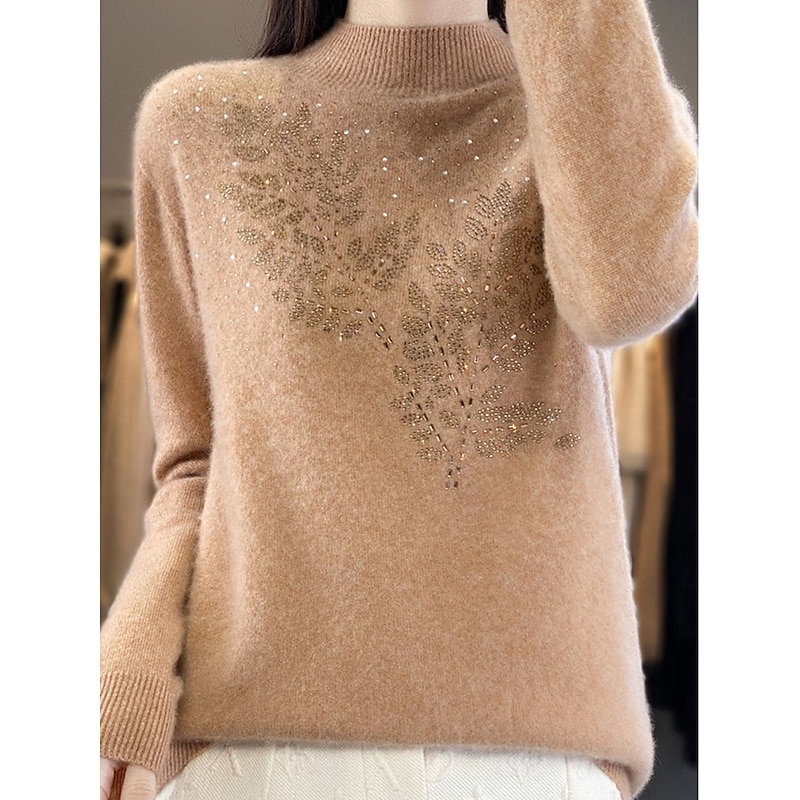 Women's Sweater Pullover Sweater Jumper Casual Soft Pure Color Ribbed Stand Collar Knitted Long Sleeve Regular Tops Knit Outdoor Daily Weekend Camel Beige Fall Winter4