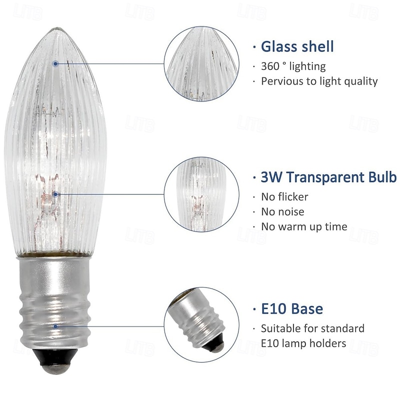 E10 Candle Light Bulbs 34V 3W Warm White Replacement Bulbs for Arch Candle Fairy Lights Tapered Candle Top Candle 10Pcs3