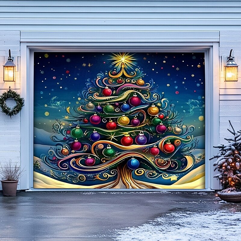 Christmas Door Decorations Outdoor Garage Door Cover Xmas Tree Banner Farmhouse Large Christmas Backdrop for Holiday Outdoor Garage Door Home Wall Decorations4