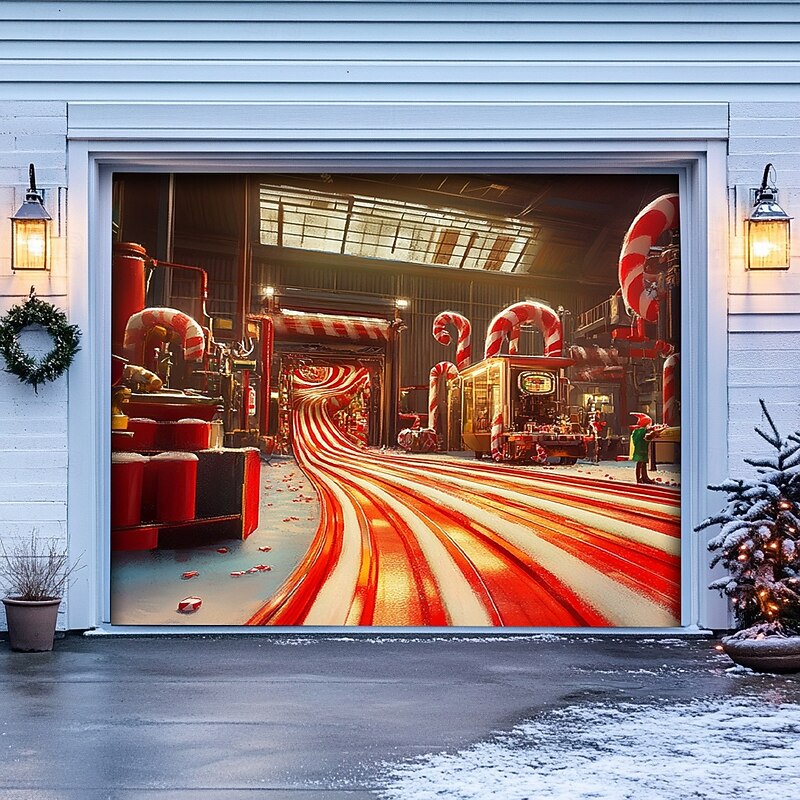 Christmas Door Decorations Garage Door Cover Xmas Candy Canes Gifts Gingerbread Outdoor Banner Large Christmas Backdrop for Holiday Outdoor Garage Door Home Wall Decorations 17