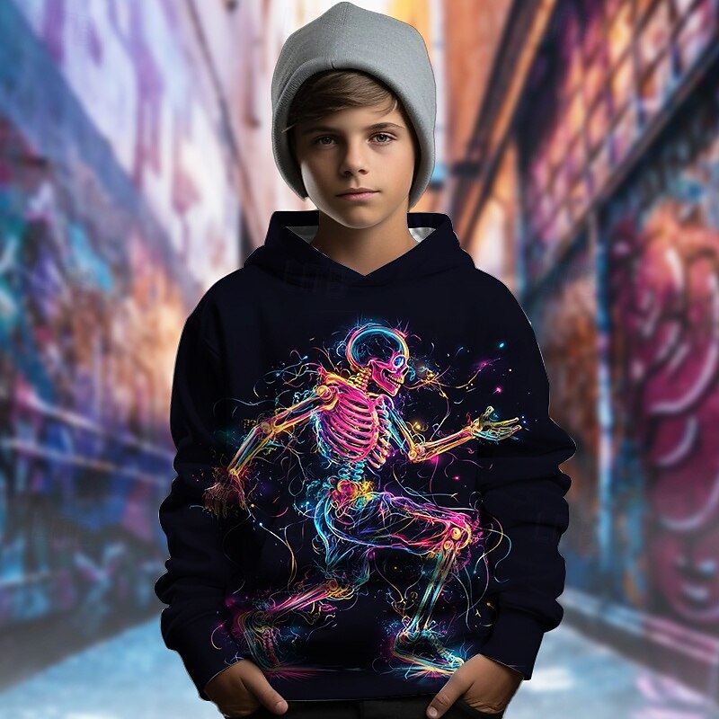 Boys 3D Graphic Skull Hoodie Long Sleeve Spring Fall Fashion Streetwear Kids 4-12 Years Hooded Outdoor Casual Daily Regular Fit3