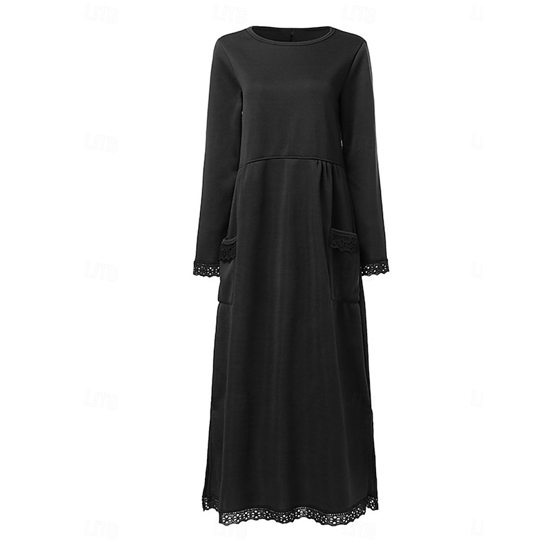 Women's Lace Dress Maxi Dress Lace Patchwork Casual Crew Neck Long Sleeve Black Green Gray Color2