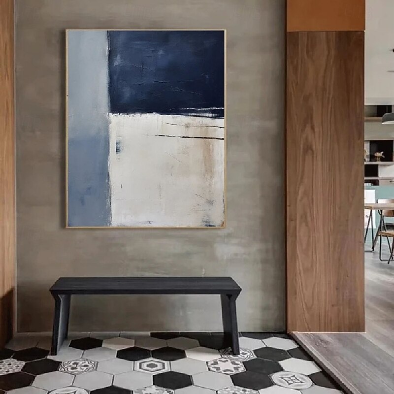 Handpainted White Blue Textured Painting Oversized 3D handmade Abstract Geometric Wall Art painting Large Minimalist black white textured Painting for Living Room bedroom Wall Decor Abstract Art4