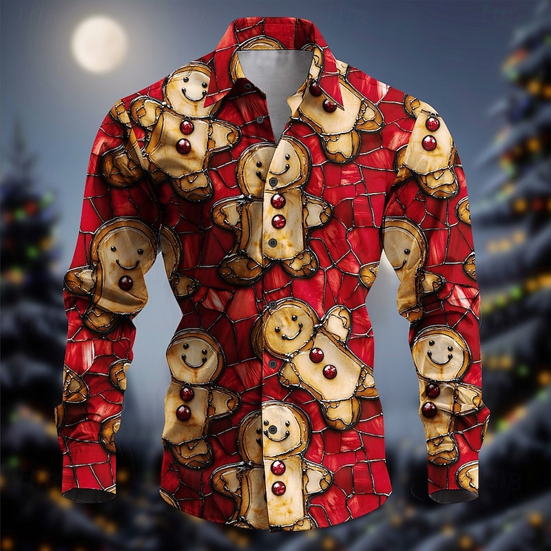 Christmas Men's Gingerbread Shirt Button Up Shirt Long Sleeve Casual Party Evening Wear Daily Fall Winter Spring & Summer Shirt Collar Button Up 3D Print White Yellow Red Green Coffee4
