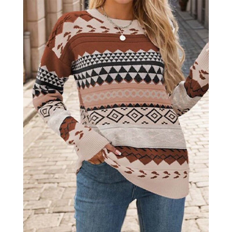 Women's Sweater Streetwear Stylish Geometric Color Block Crew Neck Knitted Long Sleeve Regular Tops Knit Outdoor Going out Pink Khaki Fall Winter