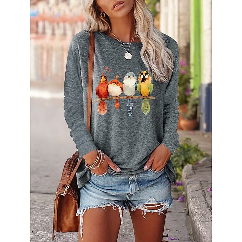 Women's T Shirt Animal Bird Casual Long Sleeve Round Neck Regular Tops Daily Weekend Print Pink Blue Green Gray Fall Winter4
