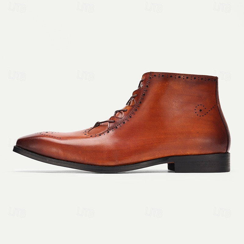 Men's Brown Lace-Up Ankle Boots with Brogue Detailing - Premium Cowhide Leather Dress Boots for Formal & Business Wear4