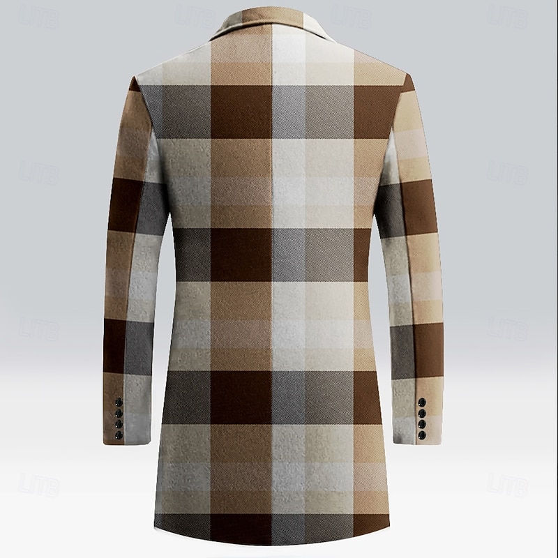 Men's Plaid Winter Coat Fleece Jacket Overcoat Thermal Comfortable Business Casual Formal Daily Wear 3D Print Buttons Front Pocket Winter Turndown Long Sleeve Brown2