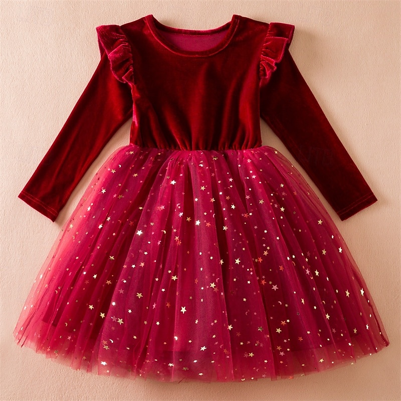 Kids Girls' Party Dress Solid Color Long Sleeve Performance Pegeant Christmas Party Sequins Ruffle Beautiful Sweet Polyester Maxi Party Dress Swing Dress A Line Dress Spring Fall 4 years+ Red Green