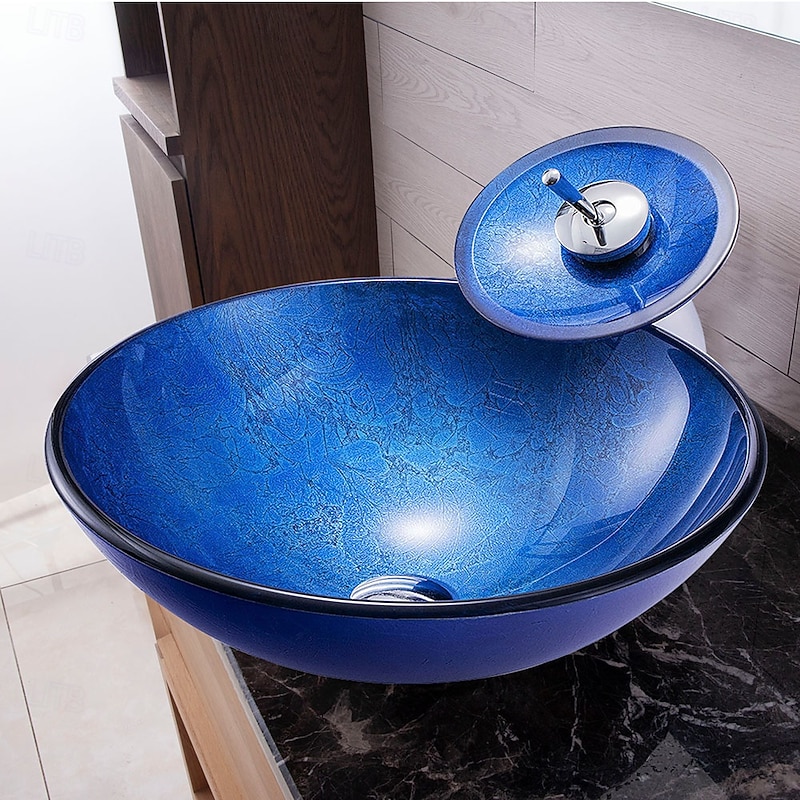 Blue Bathroom Sink Set with Matching Style Faucet Art Bathroom Tempered Glass Vessel Sink Round Wash Basin Bowl Above Counter Washbasin