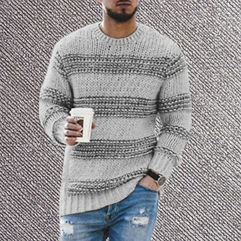 Men's Pullover Sweater Jumper Knit Sweater Ribbed Crochet Knit Regular Knitted Stripes Crew Neck Fashion Basic Daily Wear Date Clothing Apparel Fall & Winter Black Blue S M L2