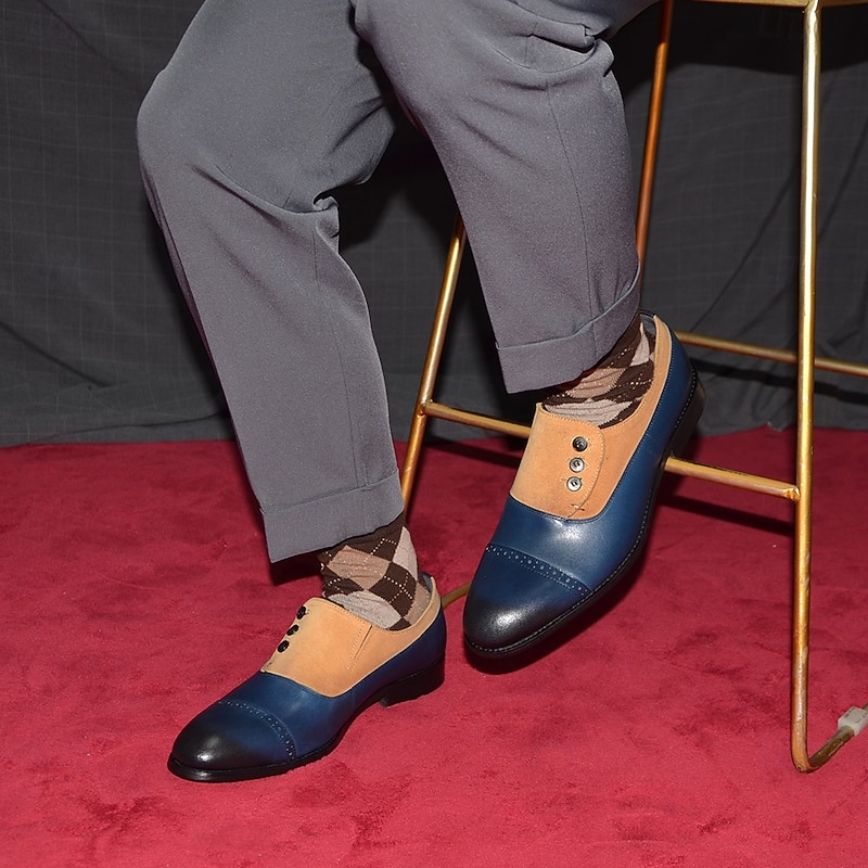 Men's Premium Cowhide Leather and Suede Button-Up Shoes – Elegant Blue and Tan Brogue Formal Shoes for Special Occasions2