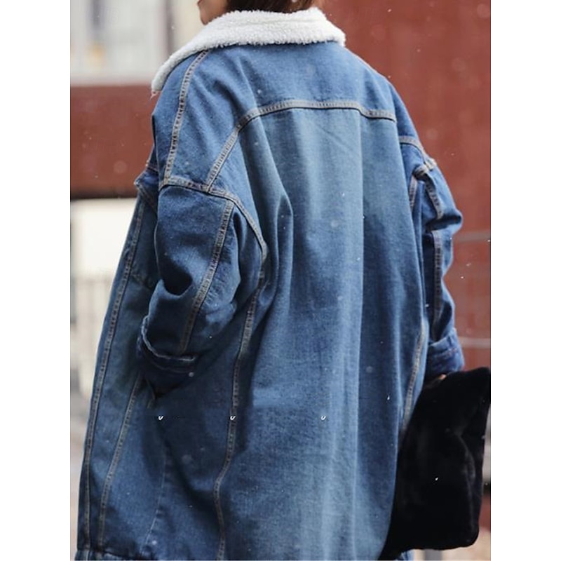 Women's Fleece Jacket Teddy Coat Denim Jacket Warm Breathable Pocket Fleece Lined Casual Plain Vacation Street Daily Wear Going out Single Breasted Long Turndown Regular Fit Long Sleeve Outerwear Blue3