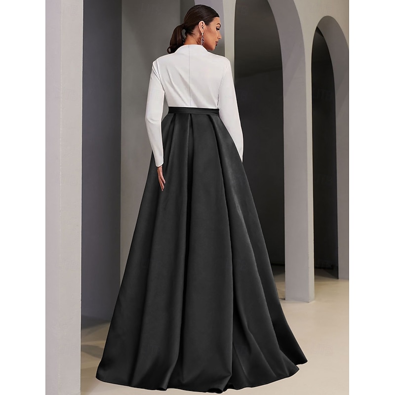 A-Line Evening Gown Elegant Dress Formal Floor Length Long Sleeve Scalloped Neckline Pocket Satin with Slit Pocket2