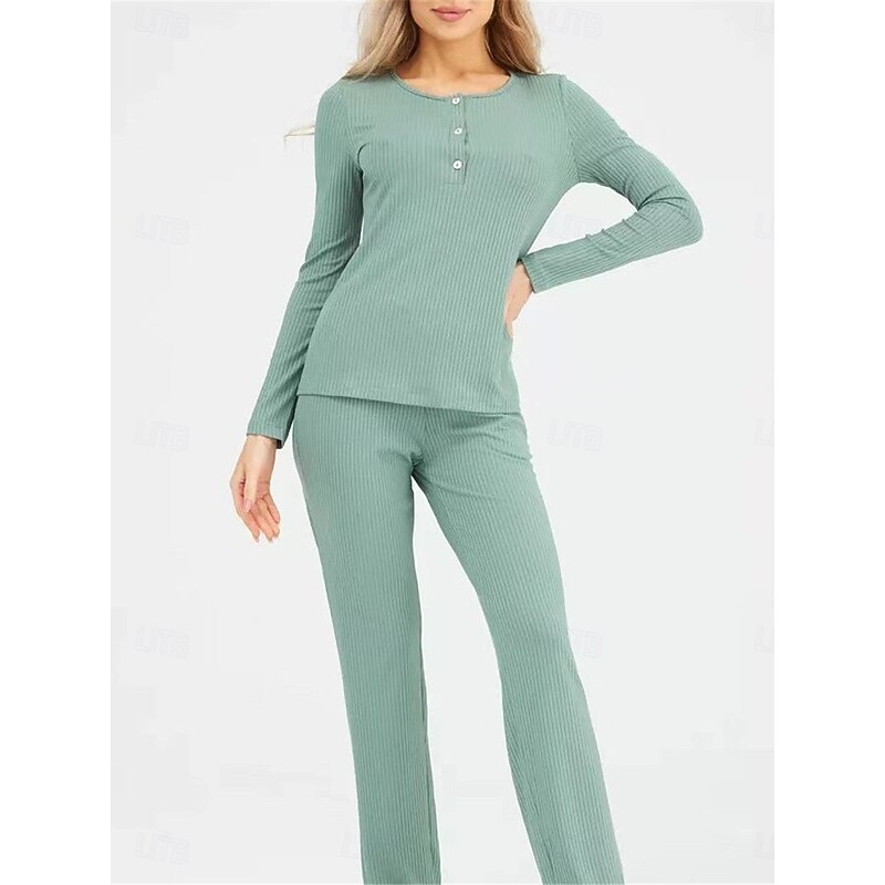 Women's Pajama Set Pure Color Casual Comfort Home Daily Comfort Warm Crew Neck Long Sleeve T shirt Pant Button Elastic Waist Fall Winter Home Outfits