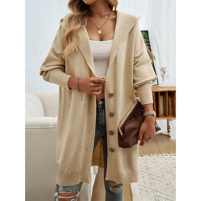 Women's Sweater Cardigan Casual Soft Pure Color Ribbed Hooded Buttons Pocket Knitted Long Sleeve Long Tops Knit Outdoor Daily Weekend Black Fuchsia Fall Winter3