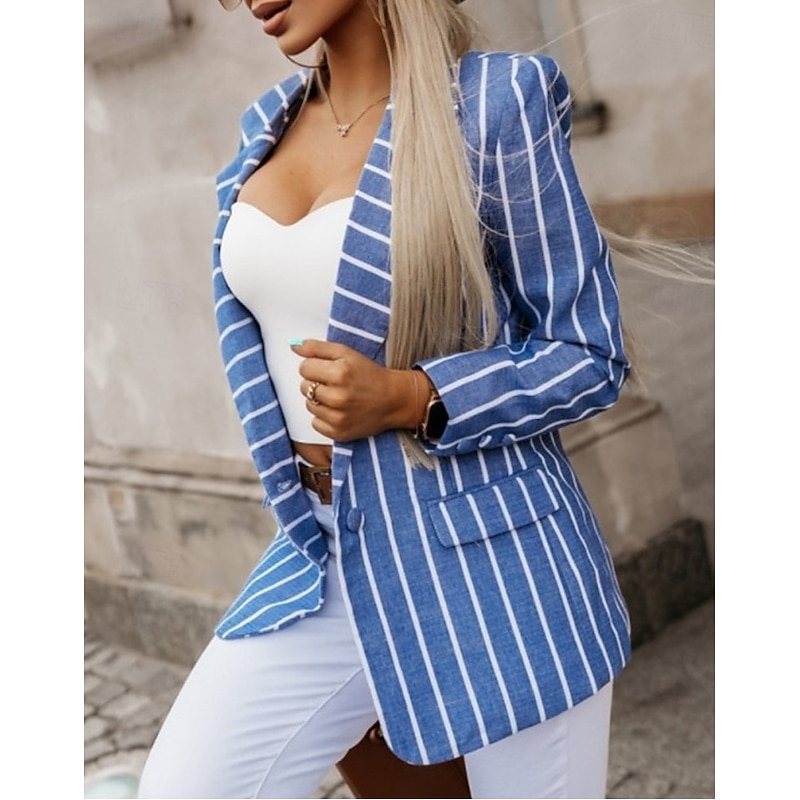 Women's Blazer Outdoor Button Stripe Windproof Fashion Regular Fit Outerwear Long Sleeve Fall Blue S