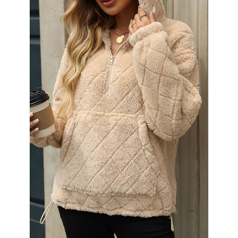 Women's Zip Up Hoodie Sweatshirt Casual Sherpa Fleece Plain Street Dailywear Hooded Pocket Half Zip Long Sleeve Black Red Beige Fall Winter3