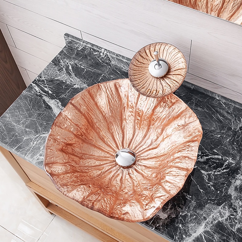 Bathroom Sink Bowl Coral Shell Wash Basin Pop Up Sink Waste Tempered Glass Countertop Basin Glass Basin Tap Bathroom Sink Washbasin2
