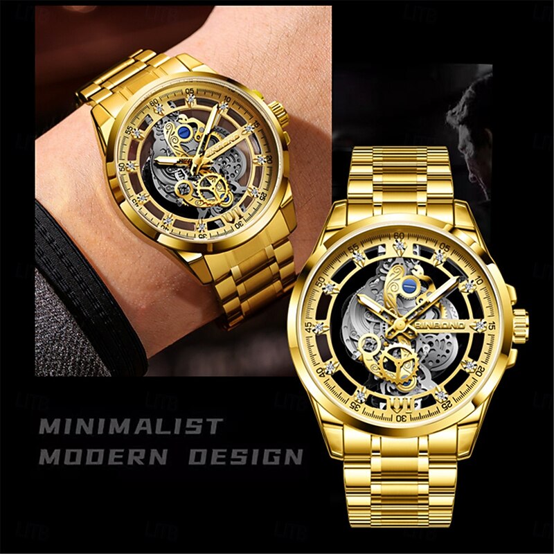 BINBOND Men Quartz Watch Luxury Large Dial Fashion Business Luminous Waterproof Leather Stainless Steel Strap Watch B5052