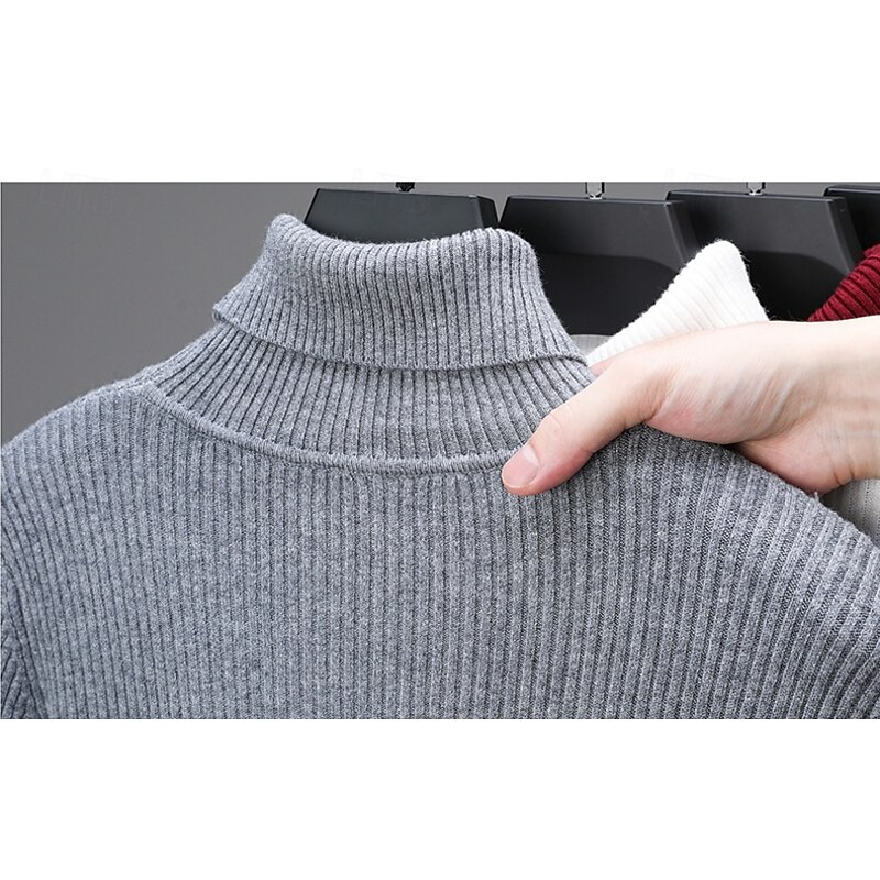 Men's Pullover Sweater Jumper Knit Sweater Ribbed Knit Regular Knitted Plain Turtleneck Fashion Casual Daily Wear Date Clothing Apparel Fall & Winter Wine Black S M L3
