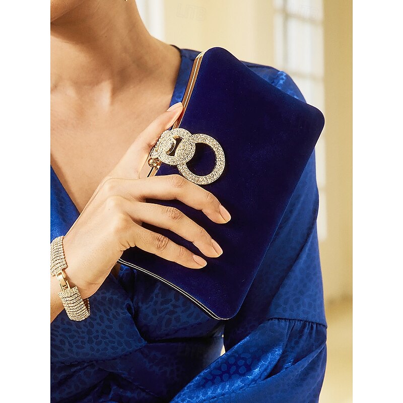 Women's Elegant Blue Velvet Clutch Bag with Rhinestone Ring Handle - Perfect Evening Bag for Weddings, Parties, and Formal Events2