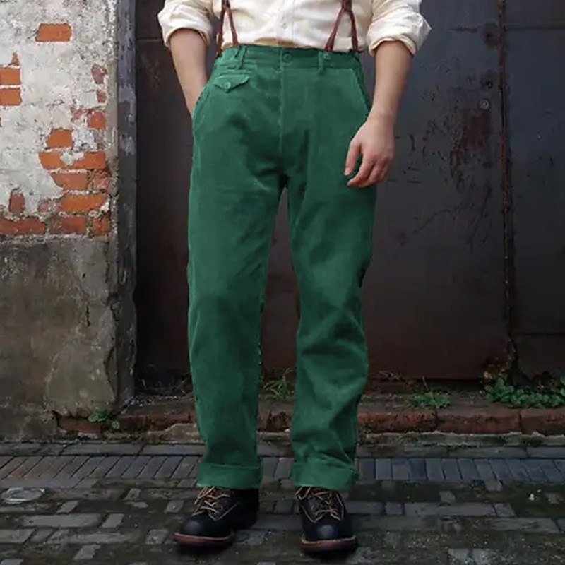 Men's Dress Pants Corduroy Pants Pocket Buttons Plain Comfort Work Vintage Lake blue Army Green Micro-elastic4