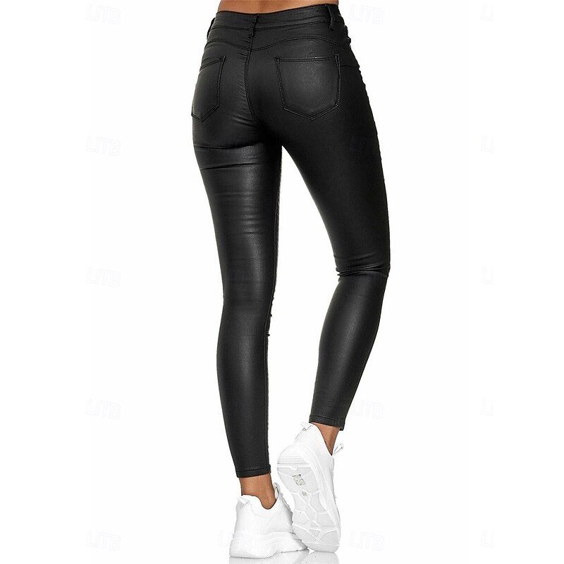 Women's Slim Leather Pants Tights Fashion Streetwear Full Length High Waist Plain Pocket High Cut Thermal Warm Windproof Micro-elastic Outdoor Street Wine Black Blue Spring &  Fall Regular Fit2