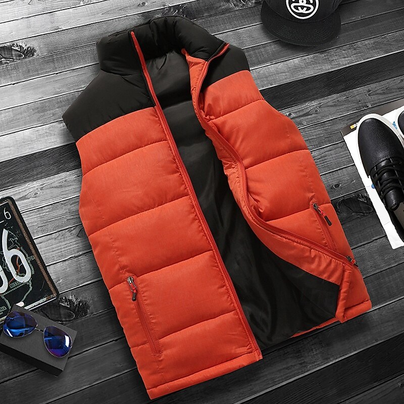 Men's Puffer Vest Gilet Quilted Vest Daily Date Vacation Fashion Casual Fall & Winter Zipper Pocket Polyester Warm Comfortable Color Block Zipper Stand Collar Regular Fit Orange Light Grey Dark Gray 13
