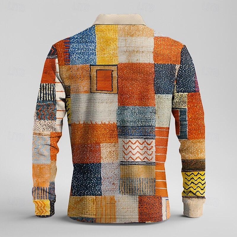 Men's Plaid Waffle Polo Shirts Golf Shirt Long Sleeve Polo Shirts Collared Shirts Vintage Casual Vacation Wear Formal Wear Festival Wear Buttons 3D Print Spring Fall Winter Orange2