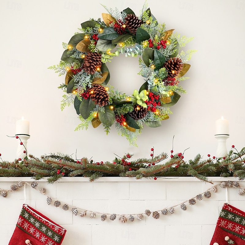 Christmas Lighted Wreath Outdoor for Front Door Winter Wreath with Pinecones, Illuminated Holiday Garland for Window and Door Hanging, Faux Berry and Leaf Vine Decor for Wall and Patio3