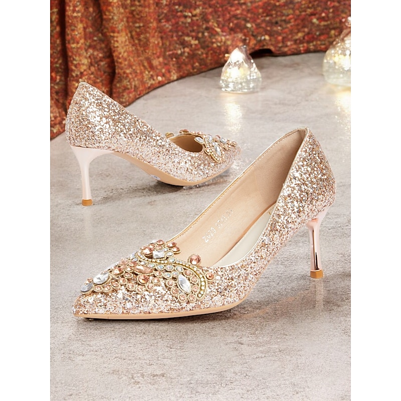 Women's Gold Glitter Stiletto Heels with Embellished Rhinestones – Elegant Wedding and Evening Party Shoes